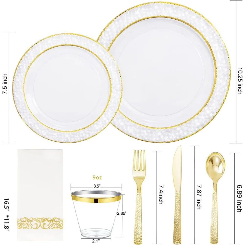 350PCS Gold Disposable Dinnerware Set, 50 Dinner Plates,