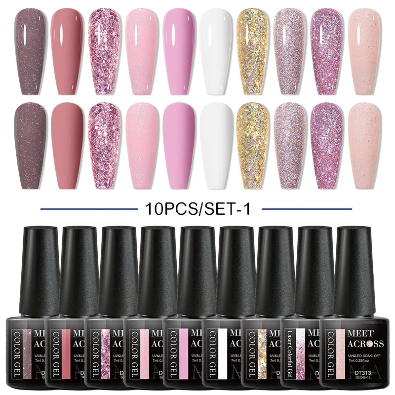 10Pcs Nude Glitter Gel Nail Polish Set Purple