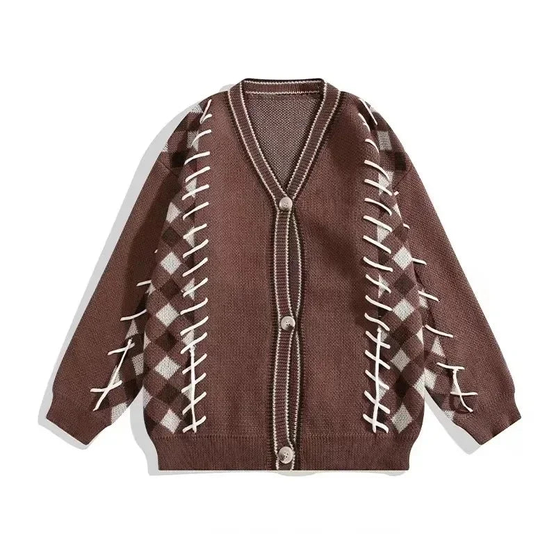 Men Casual Sweater Set Vintage Checkerboard Cardigan+Striped Long