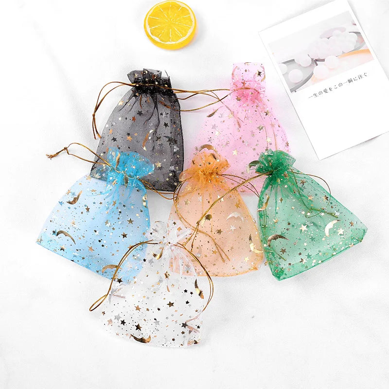 100pcs Moon Star Organza Drawstring Gift Bags 7x9cm Jewelry Packaging Pouches