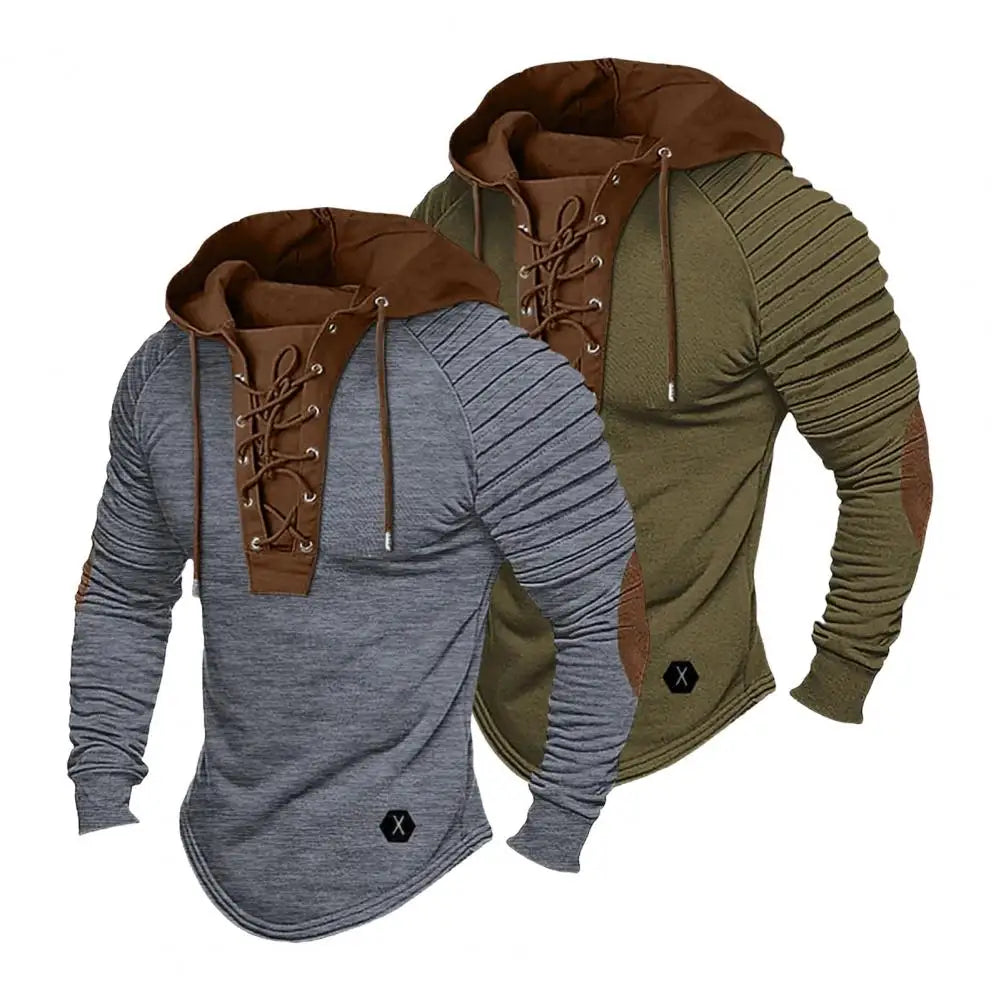 Men Hooded Sweatshirt Vintage Lace-up Drawstring Men's Hoodie