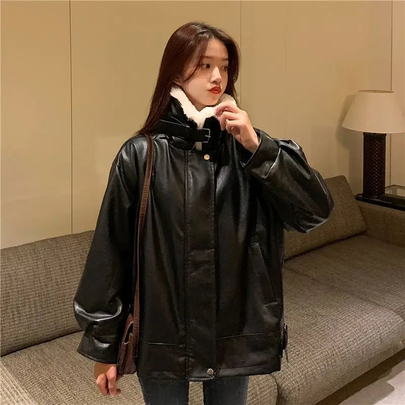 Retro Thick Warm Leather Coat Winter Woman Plush