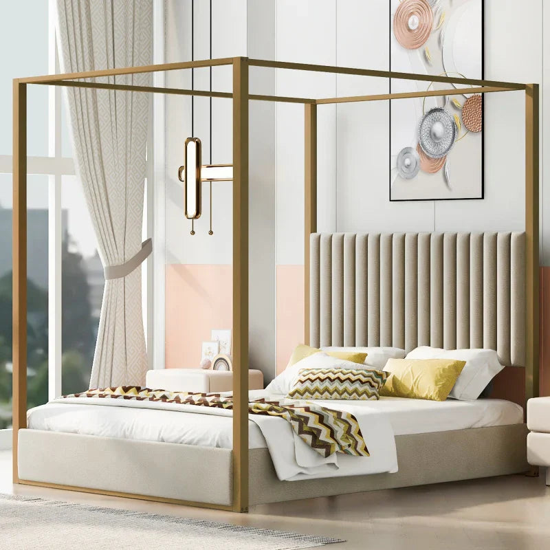 Queen Size Upholstery Canopy Platform Bed with Headboard and Metal Frame，Adult and adolescent double bed,single bed，marriage bed
