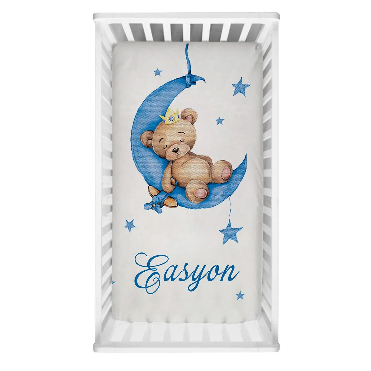 LVYZIHO Custom Name Sleeping Bear Blue Crib Bedding