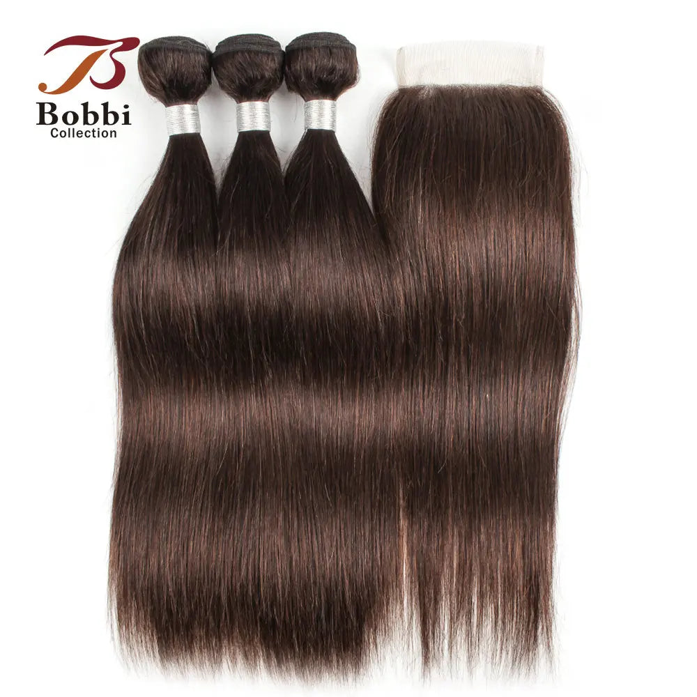 Brown Straight Human Hair 2/3 Bundles with 4x4