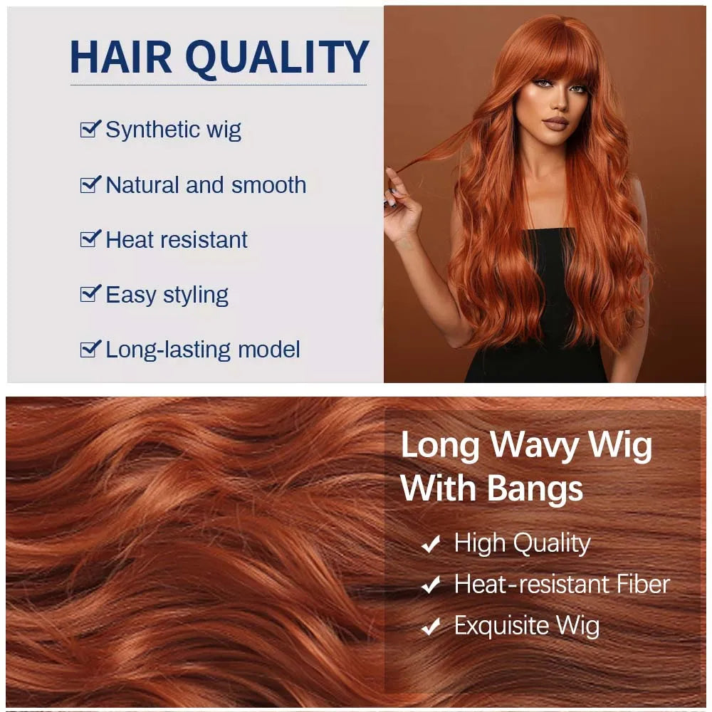 Copper Ginger Brown Wigs with Bangs Natural Synthetic