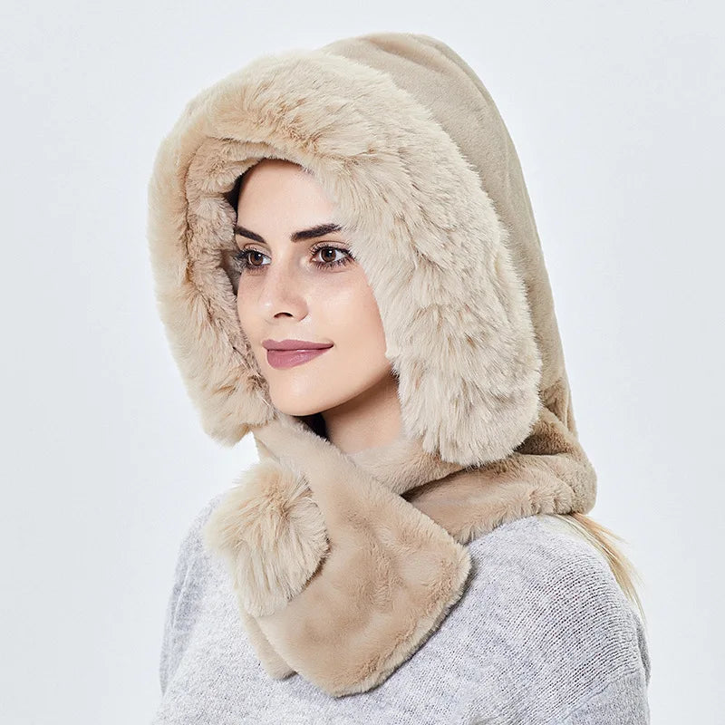 Women Winter Warm Fur Hat Scarf Plush Earflaps