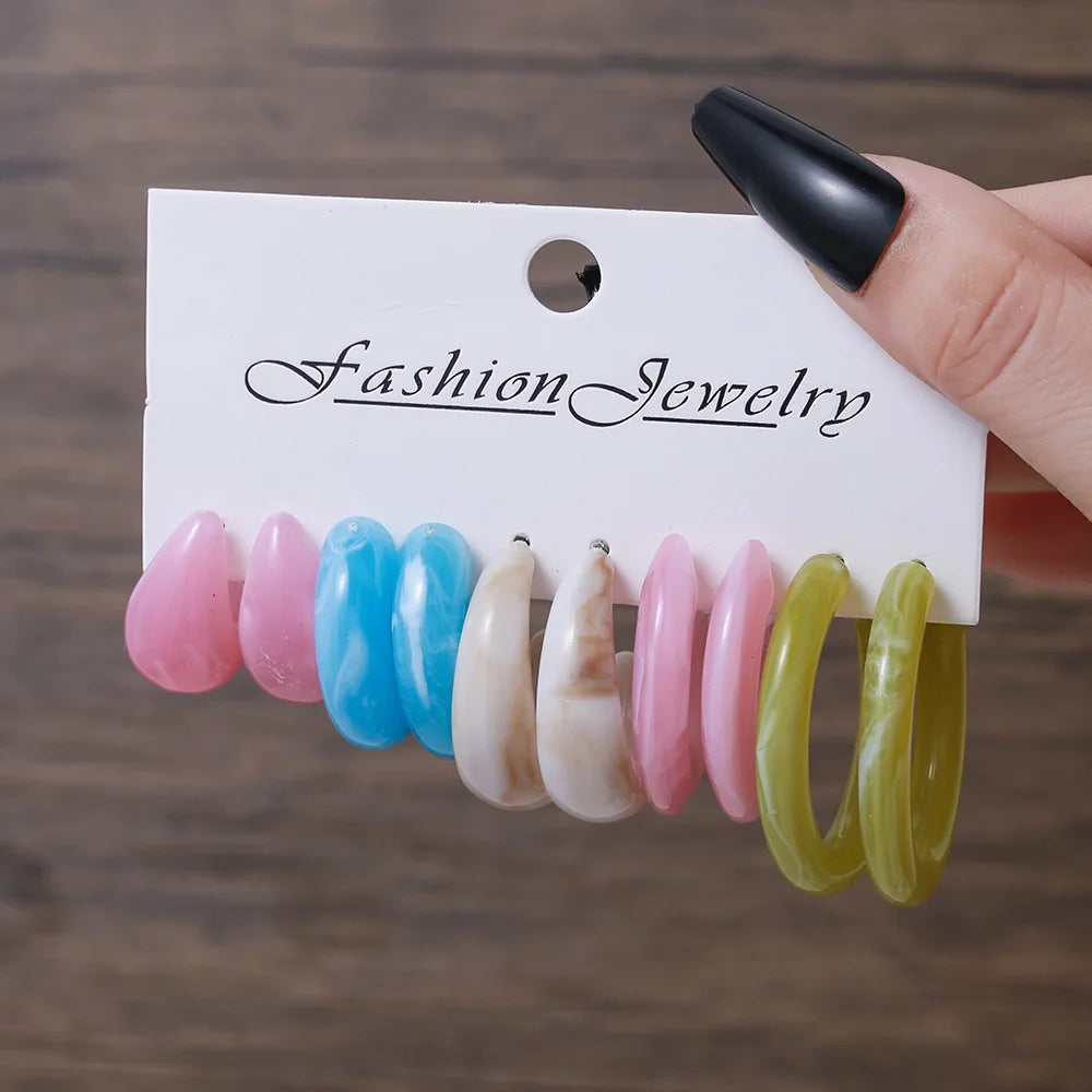 Simple Acrylic C-shaped Cut Earrings 5 Pairs Set