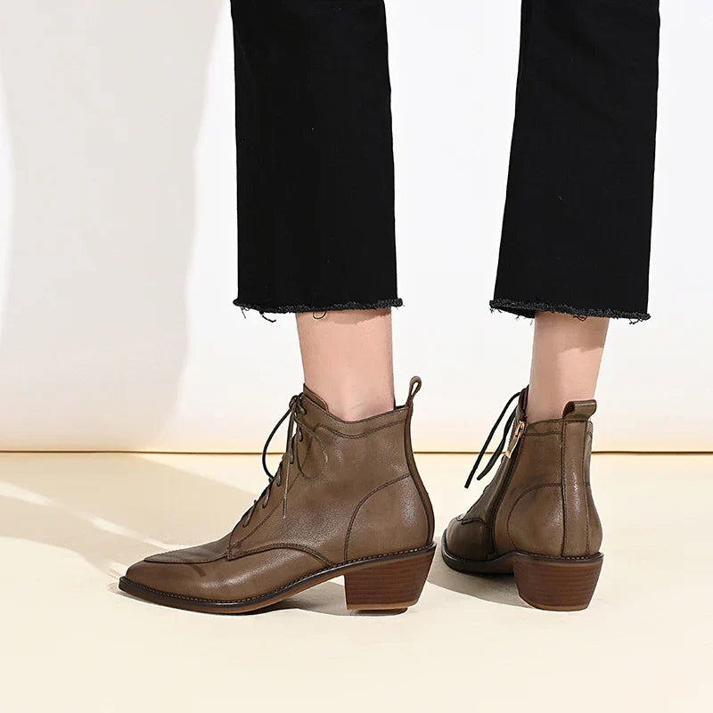 Genuine Leather Retro Mature Women Ankle Boots Pointed