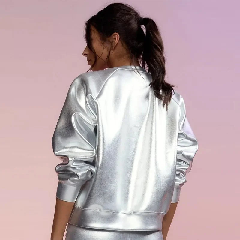 Silver Metallic PU Sweatshirt For Women Long Sleeve