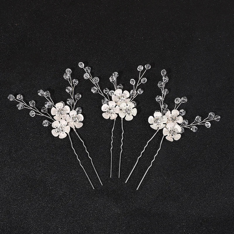 3pcs White Flower U Shaped Hairpin Pearl Elegant