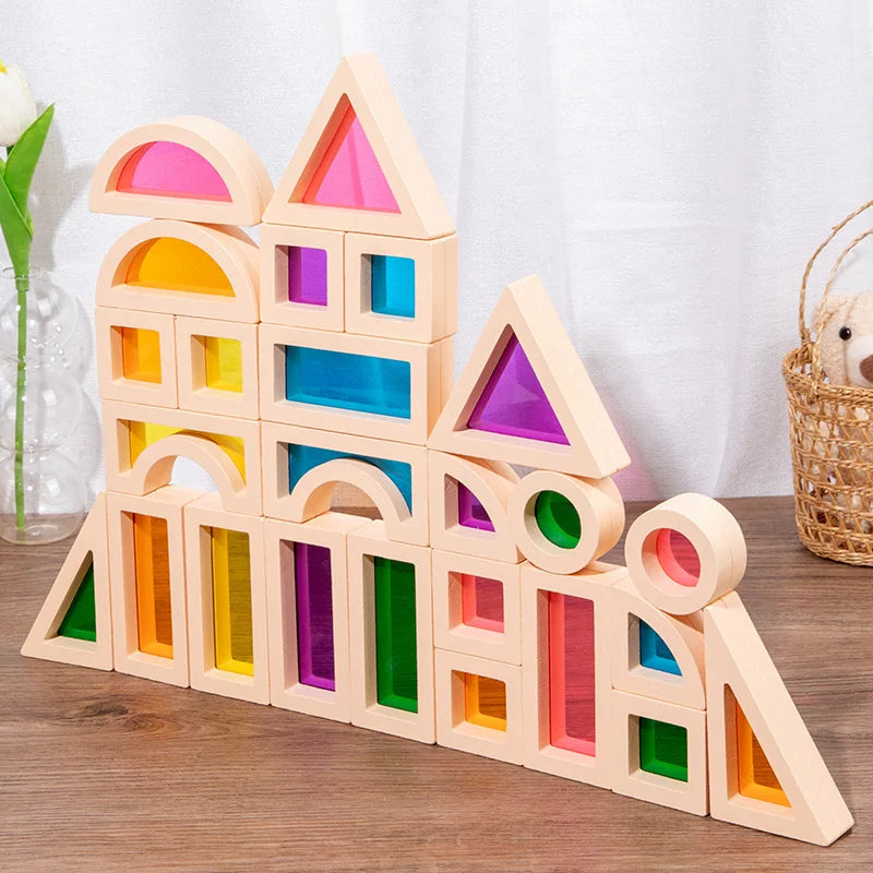 Kid Montessori Wooden Toy Rainbow Stacking Acrylic Block
