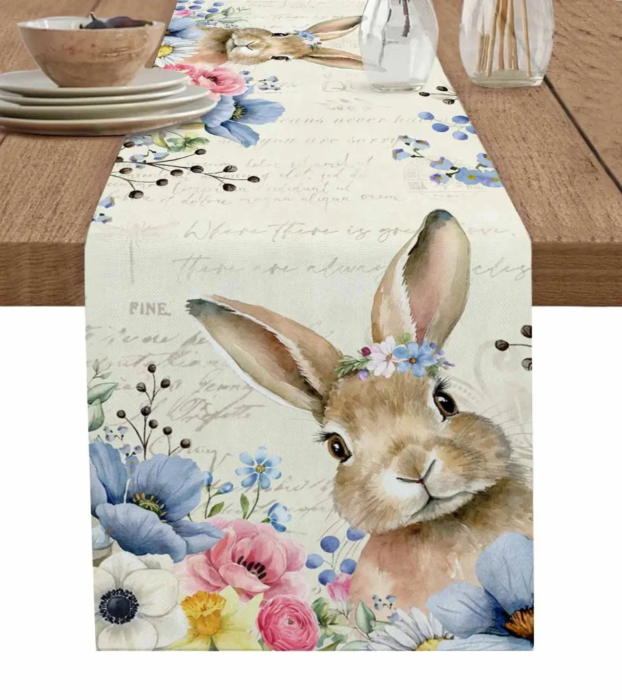 Easter Bunny Spring Flowers Linen Table Runner Washable