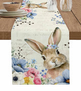 Easter Bunny Spring Flowers Linen Table Runner Washable