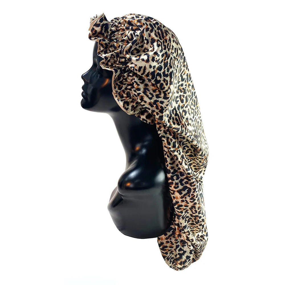Leopard Print Double Layer Silky Bonnet Adjustable Elastic