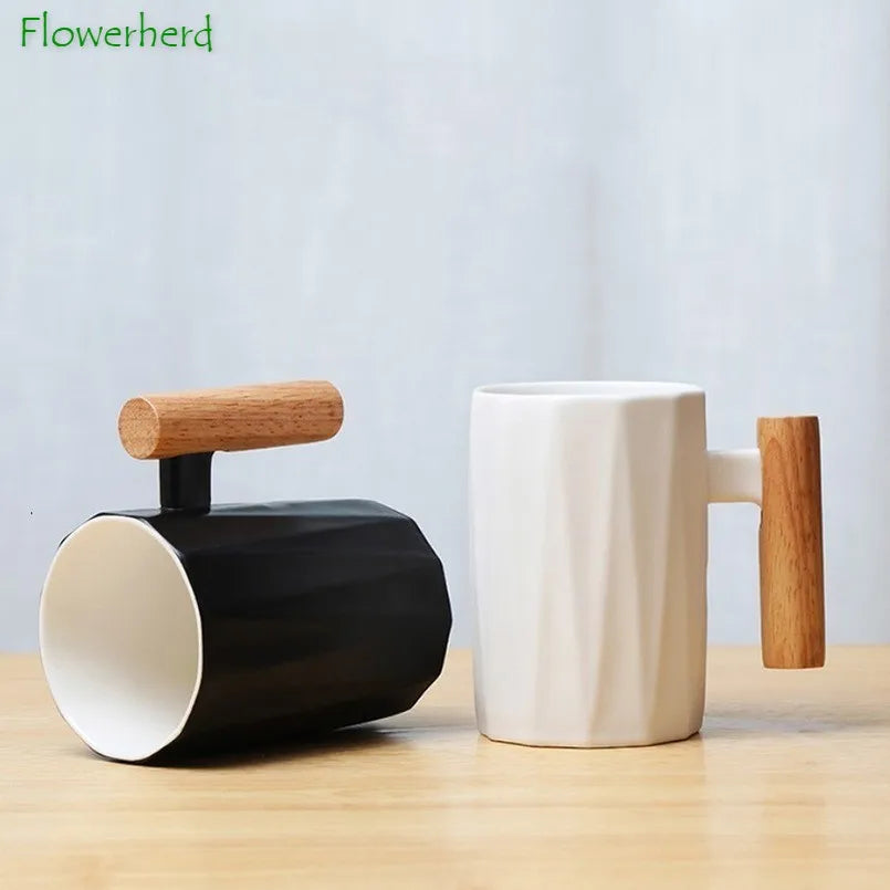 Nordic Wooden Handle Ceramic Porcelain Mug Coffee Cups
