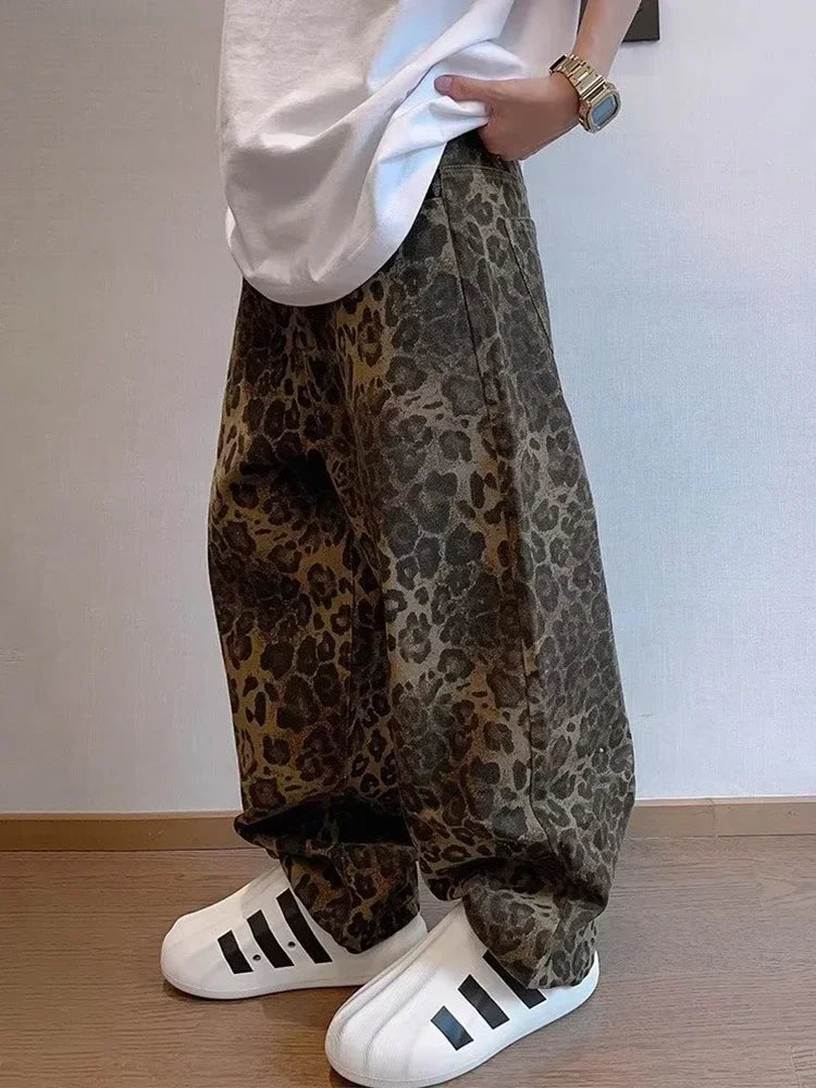 Tan Leopard Jeans Men Denim Pants Male Oversize