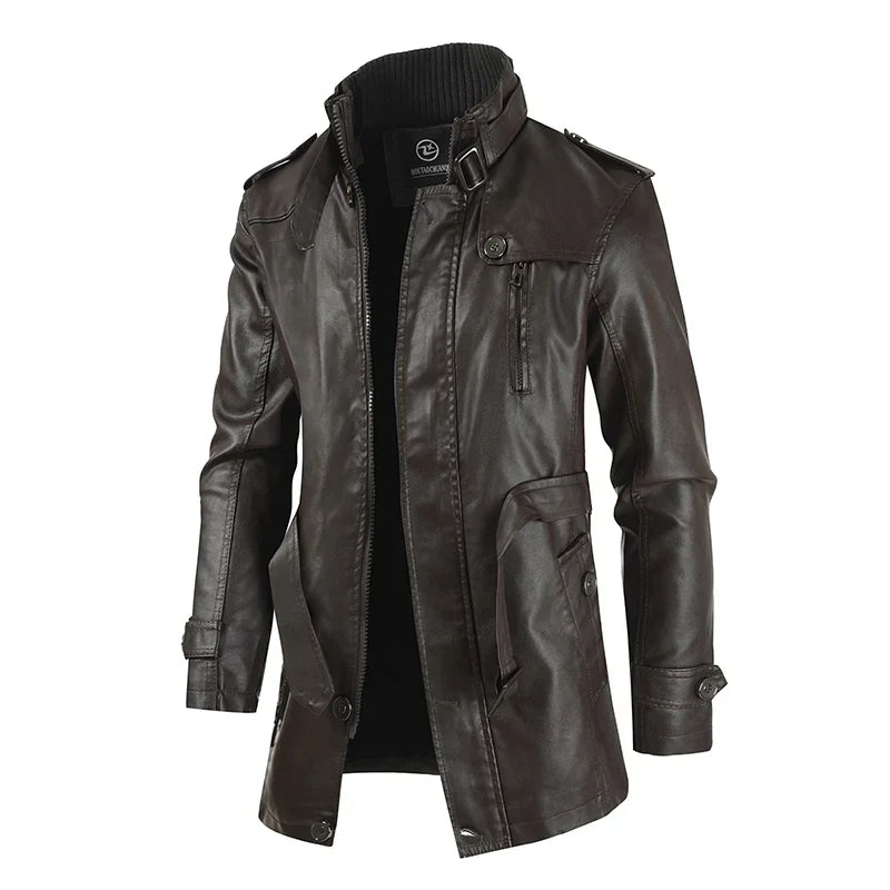 Winter Men's Thick Fleece Leather Jacket Coat Long