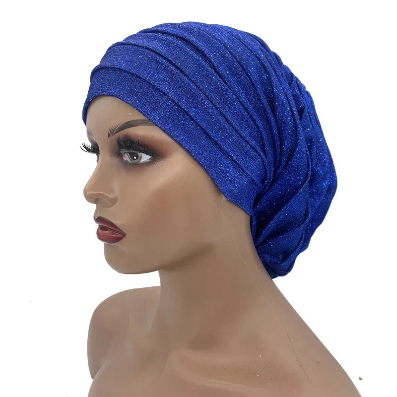 Glitter Pleated African Turban Cap Womens Head Wraps