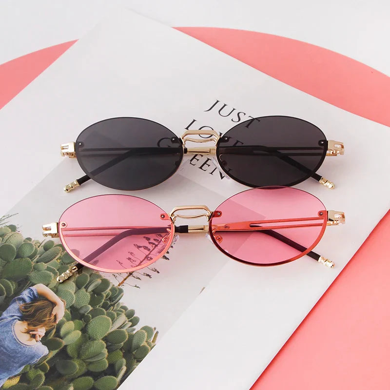 Trendy Brown Round Oval Rimless Sunglasses Women Brand