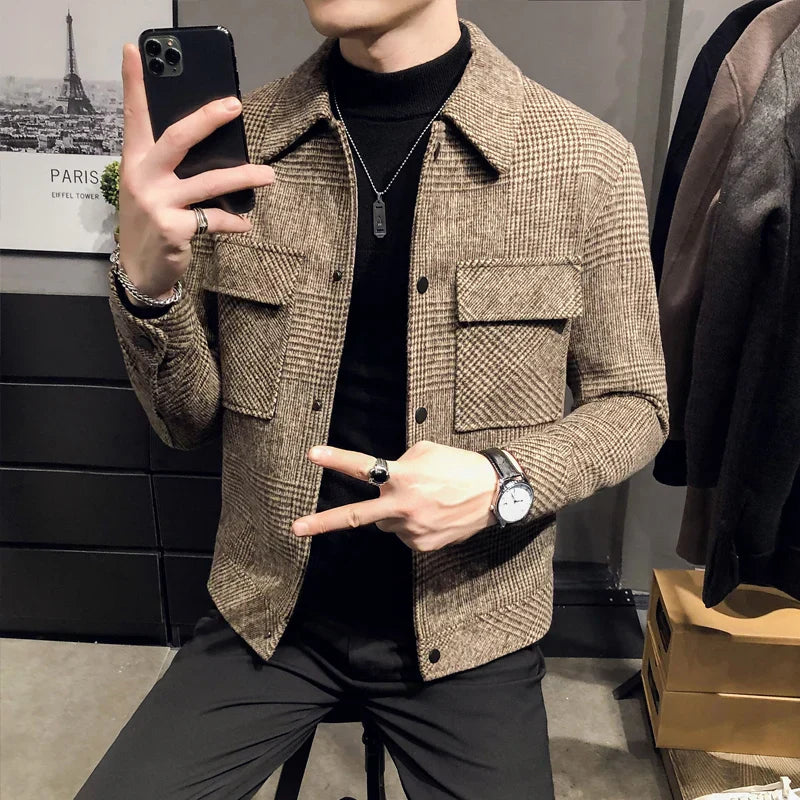 2023Autumn/Winter Men Polo Neck Woolen Jacket Fashion Slim