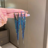 Exaggerated Blue Rhinestone Crystal Geometric Flower Long Tassel