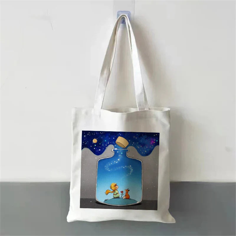 Fashion Trend Cartoon Print Canvas Tote Bag Korea Shopping Bag Ladies Daily Versatile Shoulder Bag Little Prince Pattern Handbag