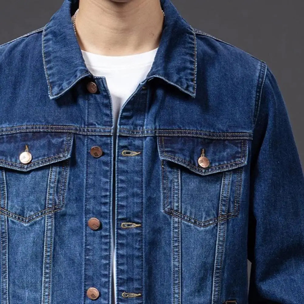 Men Denim Jacket Long Sleeves Multi Pockets Lapel