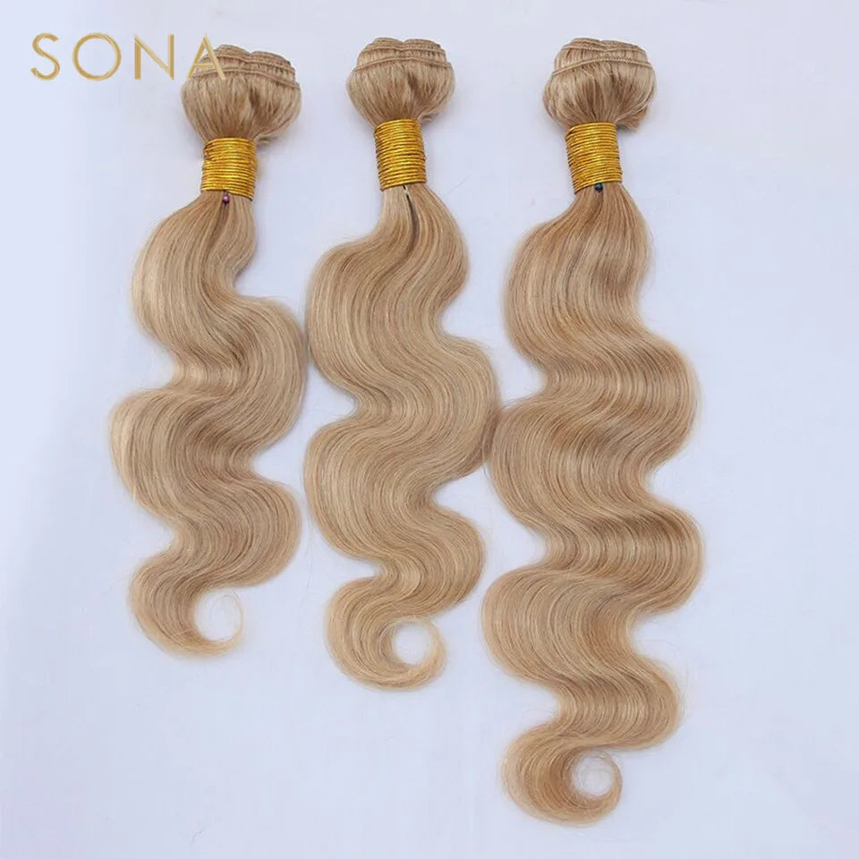 #27 Honey Blonde Brazilian Body Wave Remy Hair Weave Bundles with 13x4 Frontal Closure