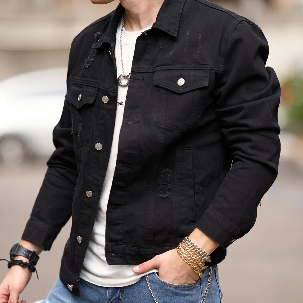 2023 Men Streetwear Fashion Slim Denim Jacket High