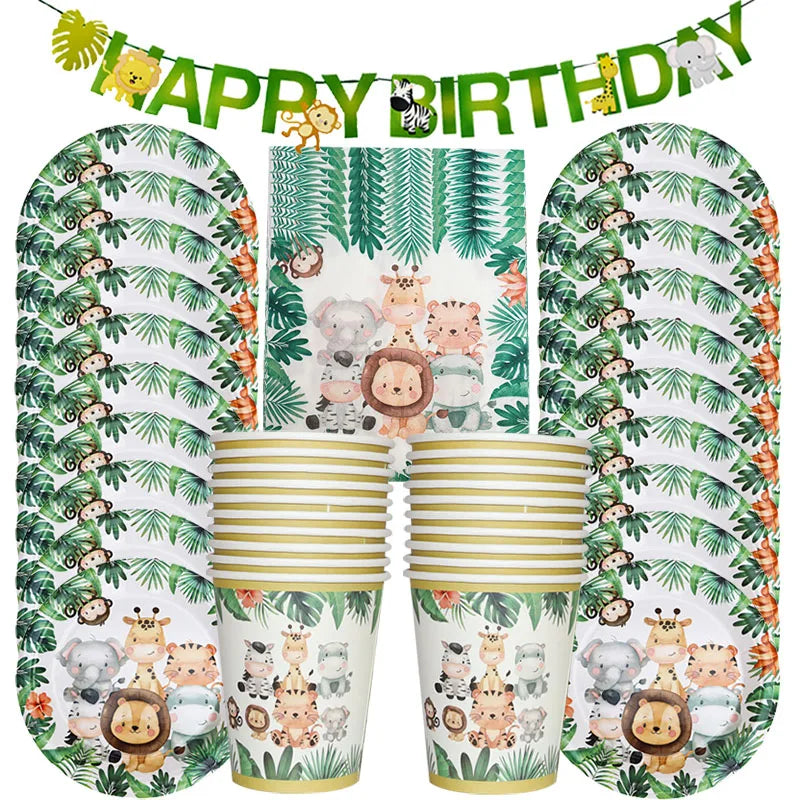 Jungle Birthday Party Decor Animal Palm Leaves Disposable