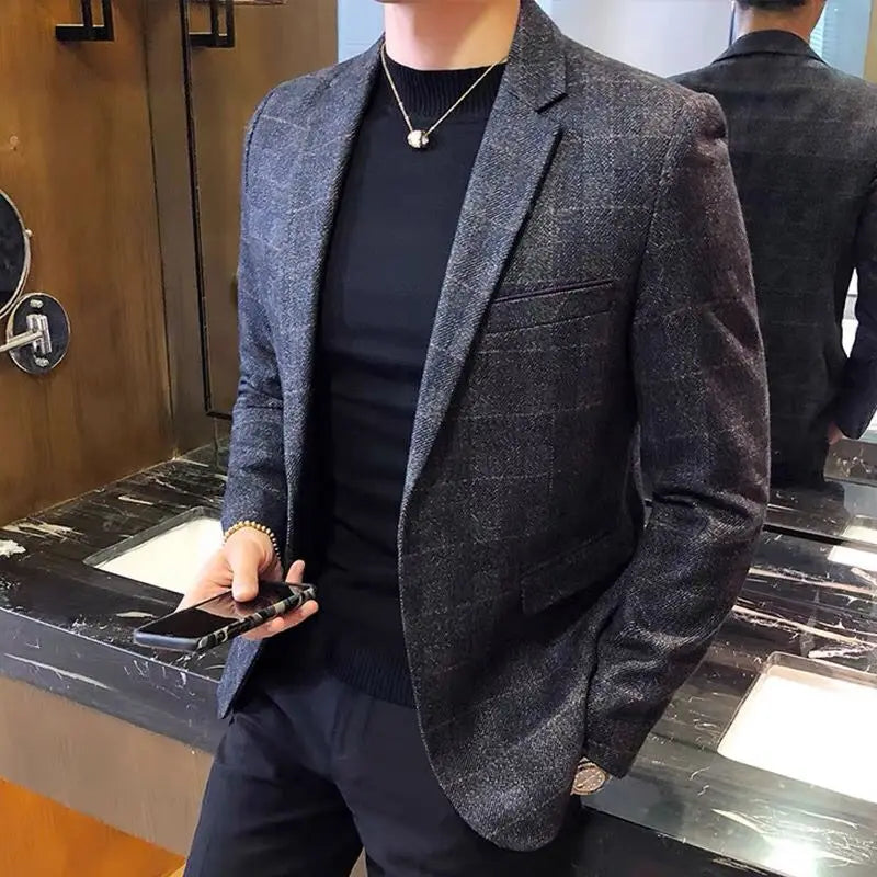 British's Style Vintage Plaid Blazer Men Casual Slim