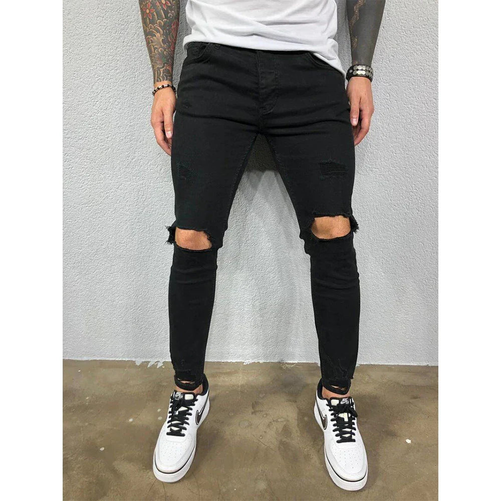 Distressed Knee Holes Elastic Skinny Jeans Men Ripped