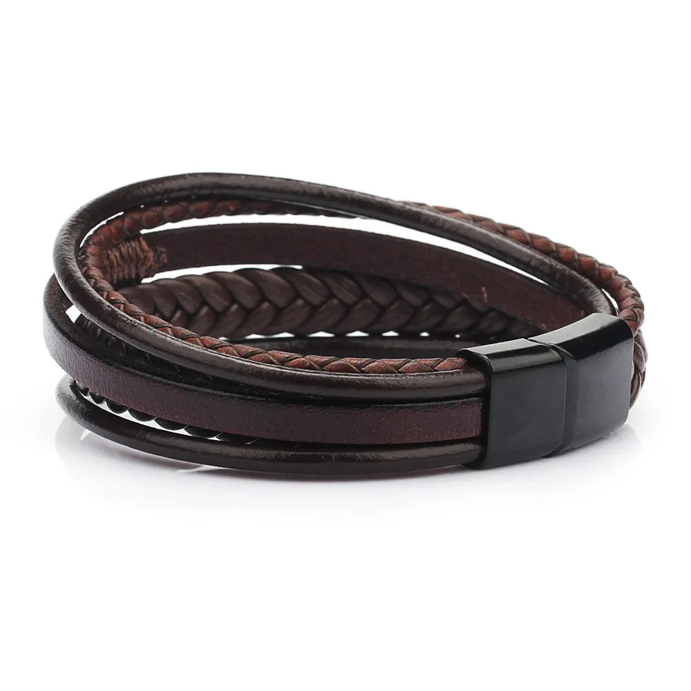 Trendy Leather Bracelets Men Stainless Steel Multilayer Braided