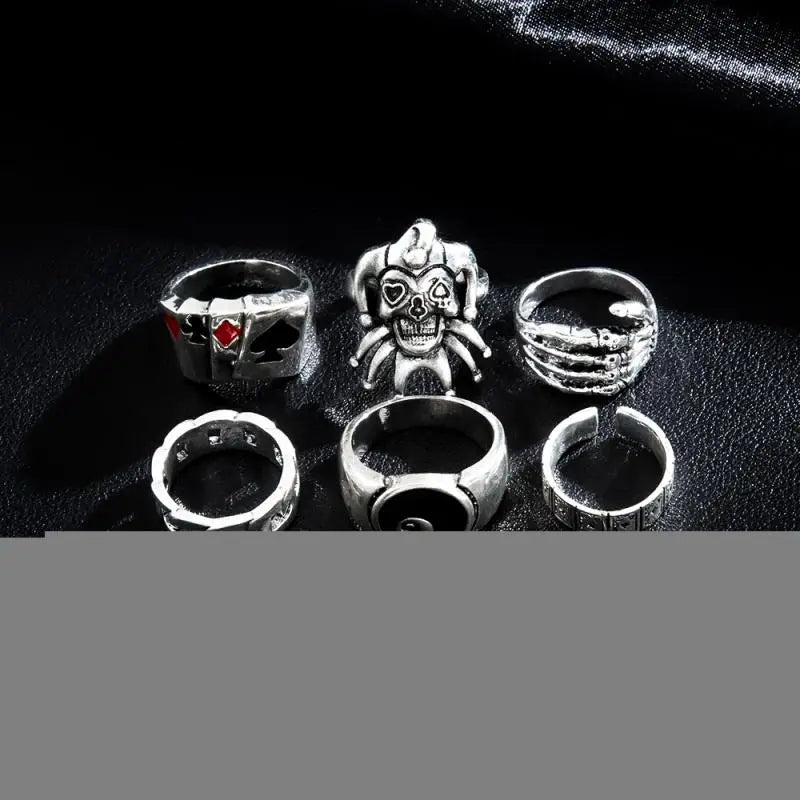 6Pcs Punk Poker Joker Silver Color Rings Set