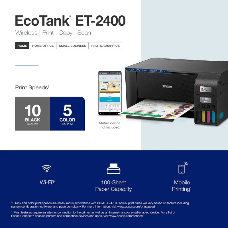 EcoTank ET-2400 Wireless Color All-in-One Cartridge-Free Supertank Printer with Scan and Copy – Easy, Everyday Home Printi