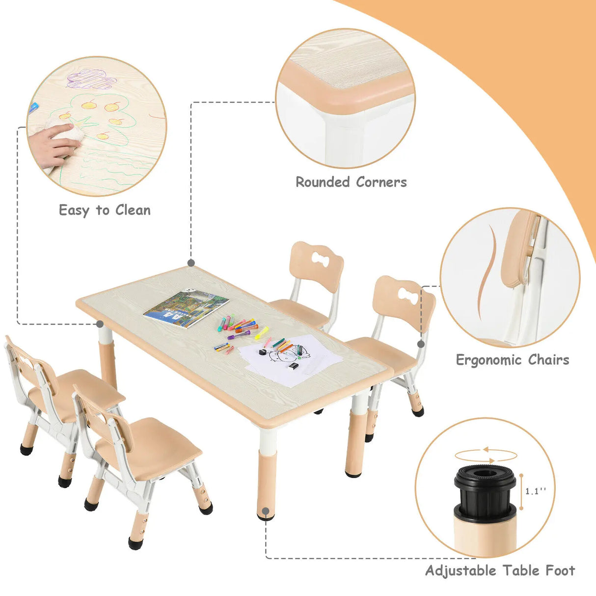 Kids Study Table and 4 Chair Set Height