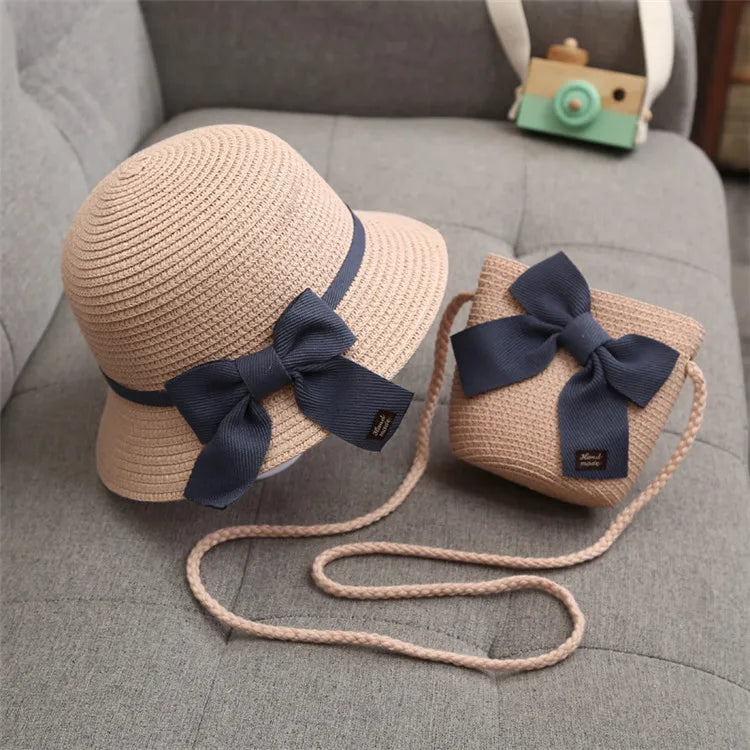 2pcs Set Summer Straw Hat With Bag For