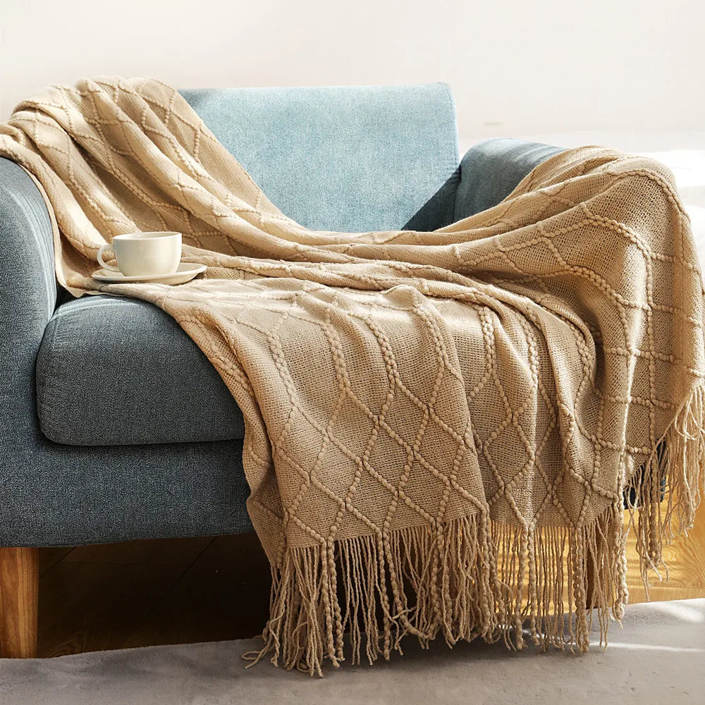 Textured Knitted Throw Blankets with Tassels Cozy Woven