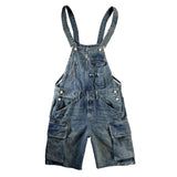 Men Denim Bib Overalls Shorts Summer Multi Pockets