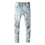 Men Crystal Holes Ripped Patchwork Jeans Streetwear Light