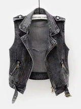 Gray Jean Cowboy Waistcoat Hole Denim Women Vest