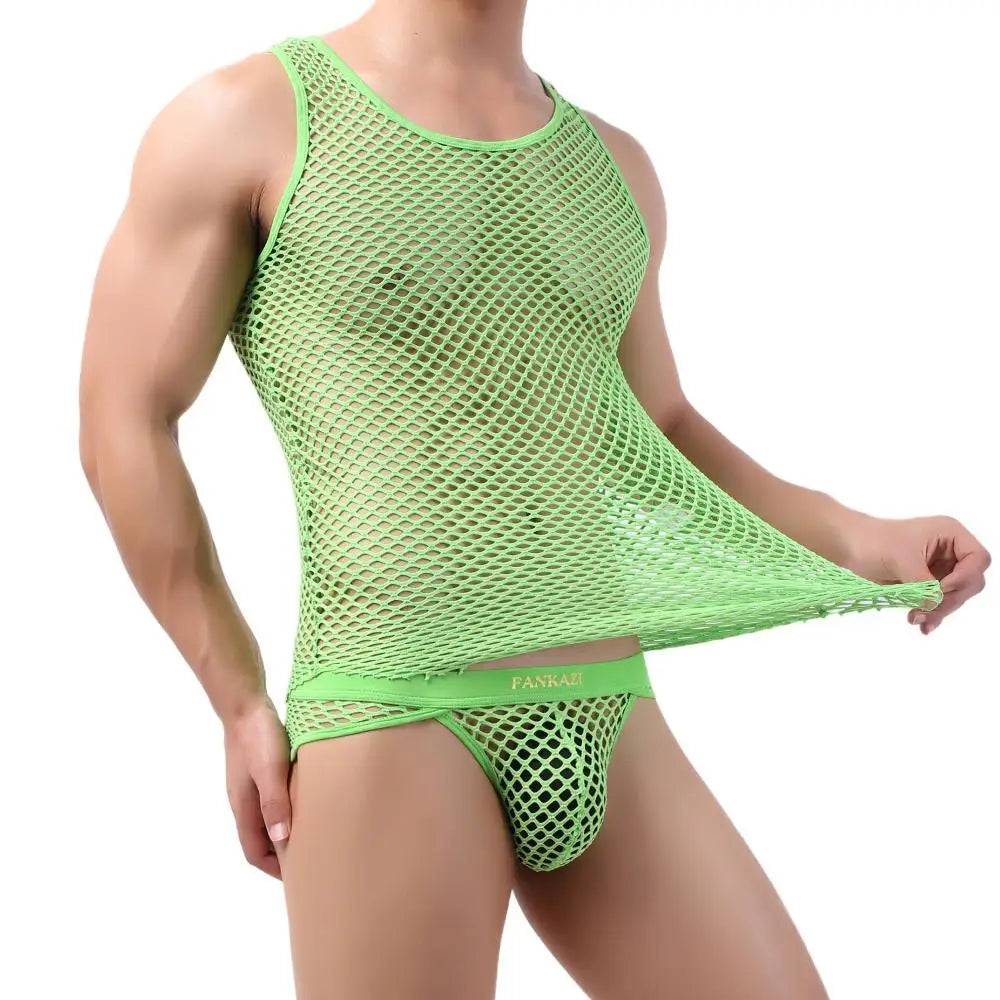 Mens Tank Tops Transparent Big Mesh Sleeveless Singlet