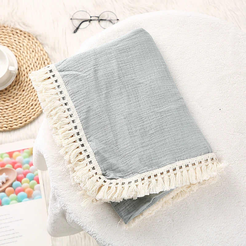 Cotton Muslin Swaddle Blankets Newborn Baby Tassel Receiving