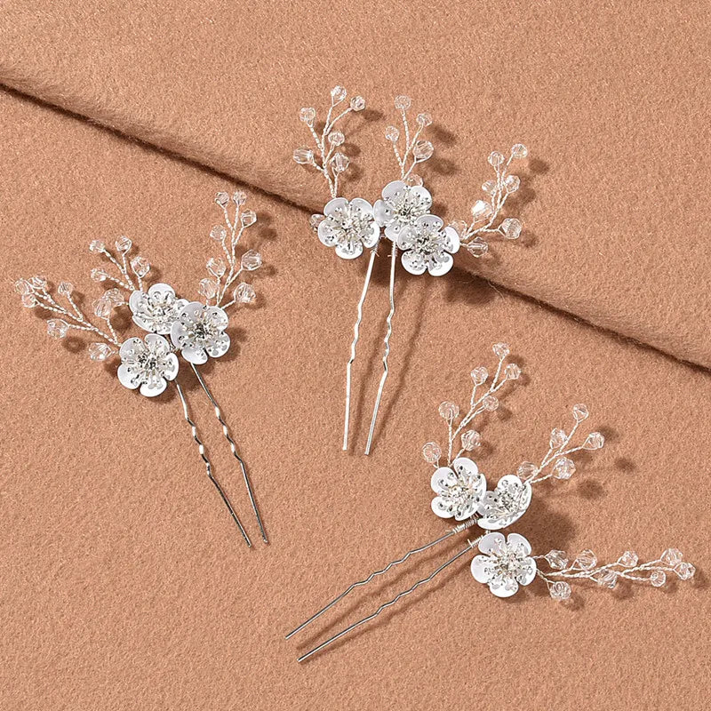 3pcs White Flower U Shaped Hairpin Pearl Elegant