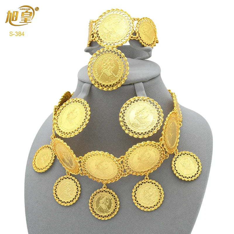 African 24K Gold Color Coins Necklace Bracelet Sets