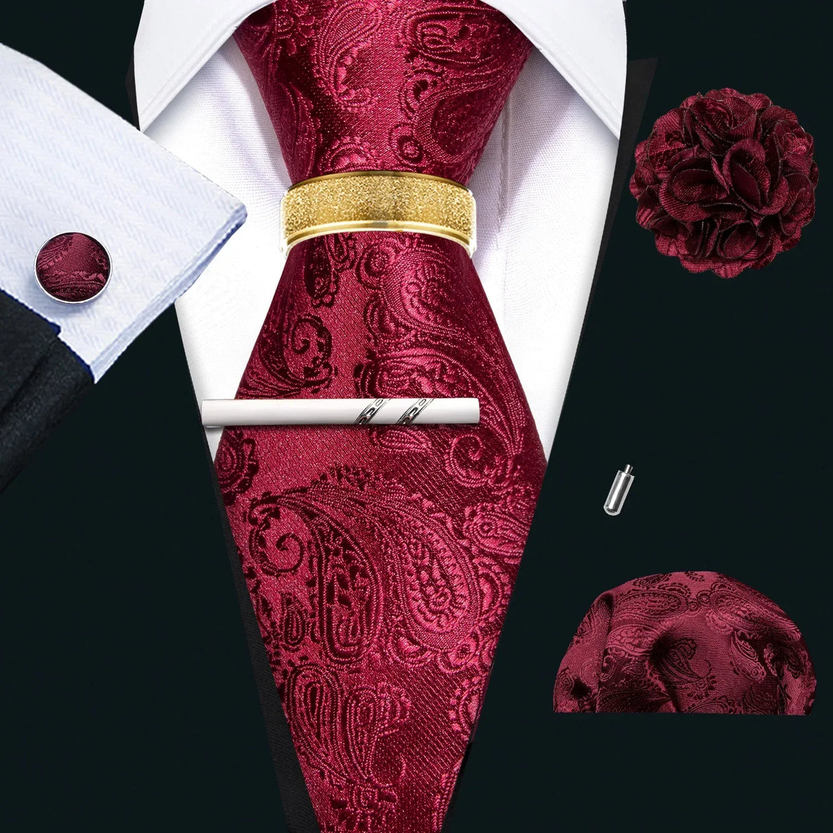 Barry.Wang Silk Mens Tie Hanky Cufflinks Clip Brooch