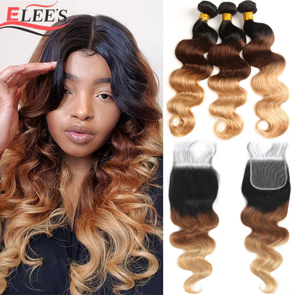 Ombre Body Wave Bundles With Closure Brazilian Human