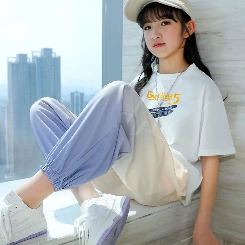 Girls Summer Trend Sports 2pcs Ice Silk T-shirts+Ninth