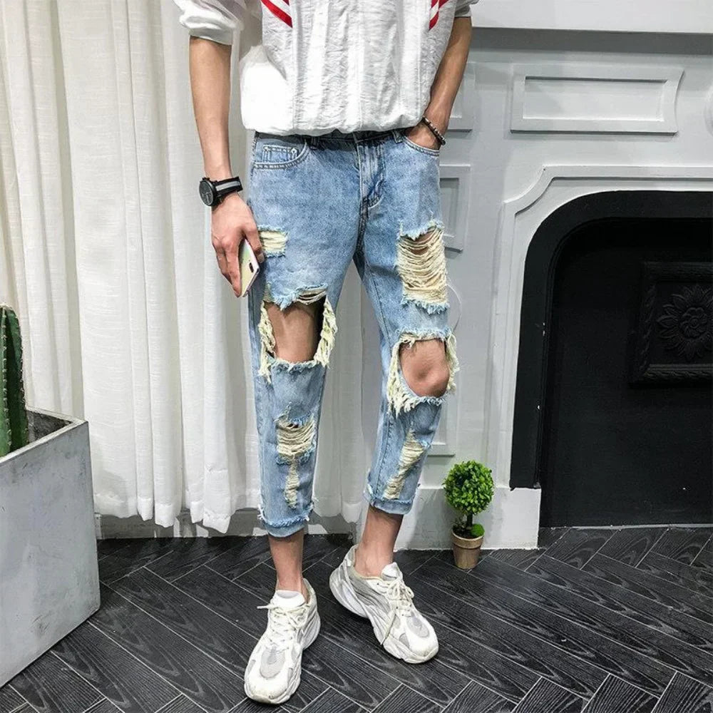 Men Jeans Knee Hole Ripped Stretch Skinny Denim